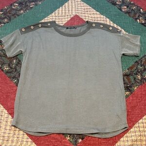 Pink Clover Gray Striped Button Shoulder Top